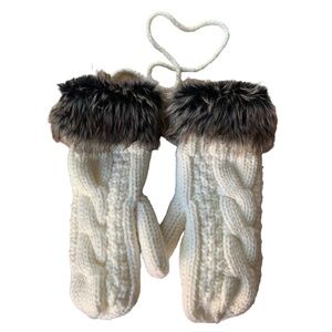 ❄️Heatholders Small cream Acrylic polar faux fur Pairs Mittens rope NEVER WORN❄️